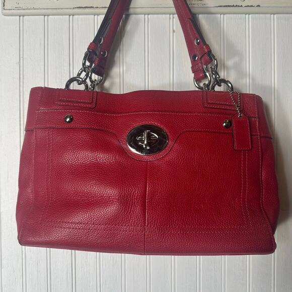 Coach Penelope Turnlock Satchel Bag Red Pebbled Leather - Picture 2 of 10